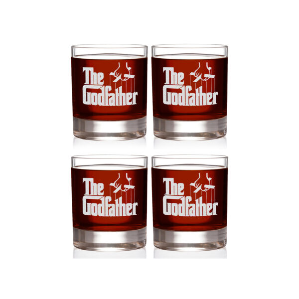 Official Godfather Etched Whiskey Glass Set of 4 - with 4 Unique Quotes & Logo 11 oz