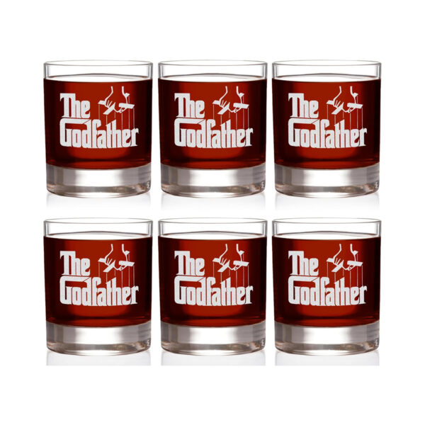 Official Godfather Etched Whiskey Glass Set of 6 - with 6 Unique Quotes & Logo 11 oz